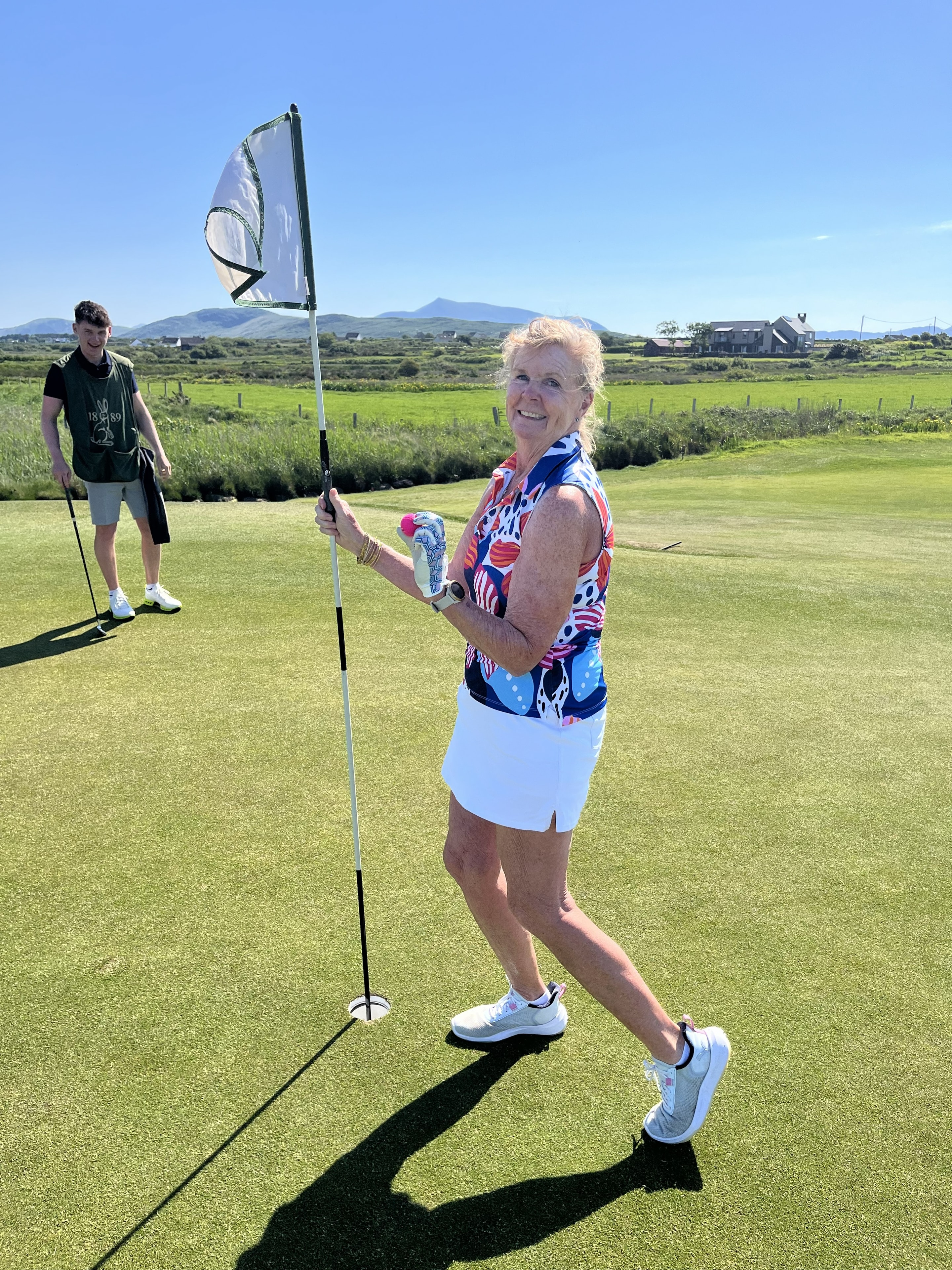 Kathy Stillwagon celebrating her eagle at Waterville Golf Links, Ireland, Hole 3